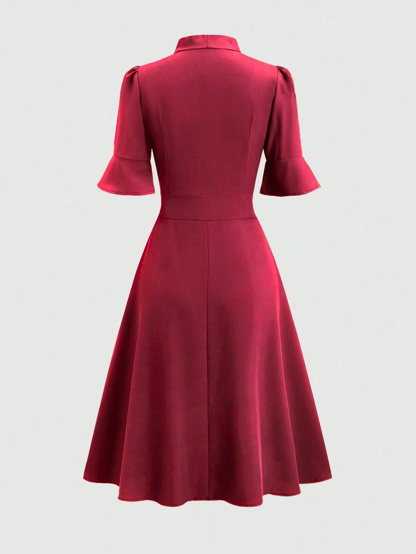 Tie Collar Elegant Commuter Short Sleeve Mid-Long Dress