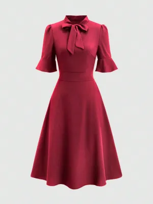 Tie Collar Elegant Commuter Short Sleeve Mid-Long Dress