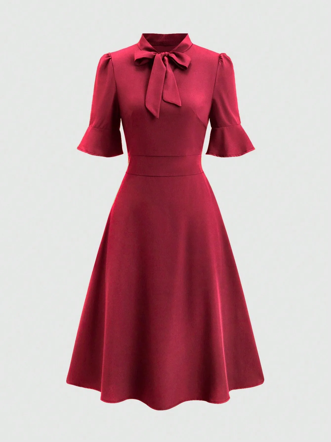 Tie Collar Elegant Commuter Short Sleeve Mid-Long Dress