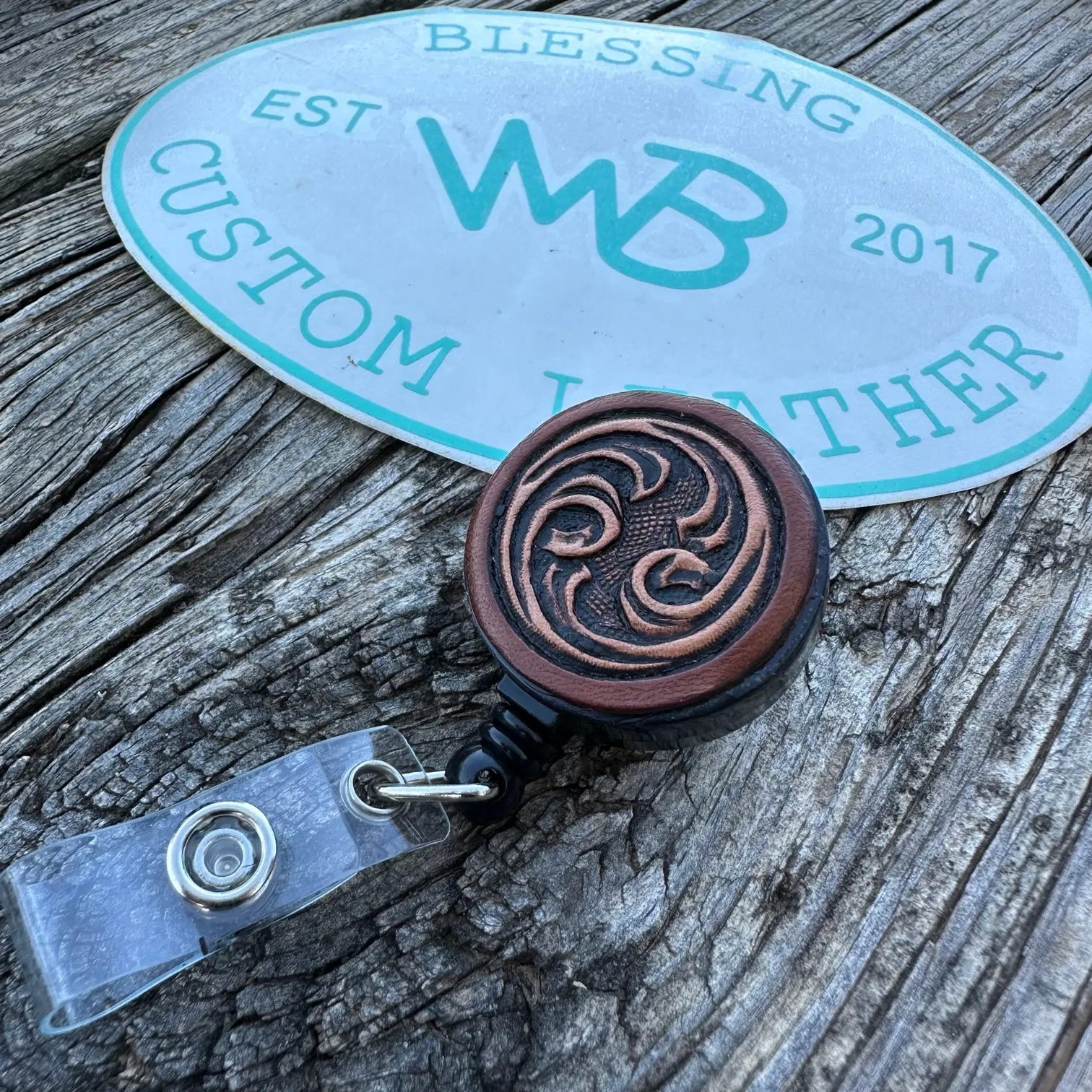 Tooled Leather Badge Reel
