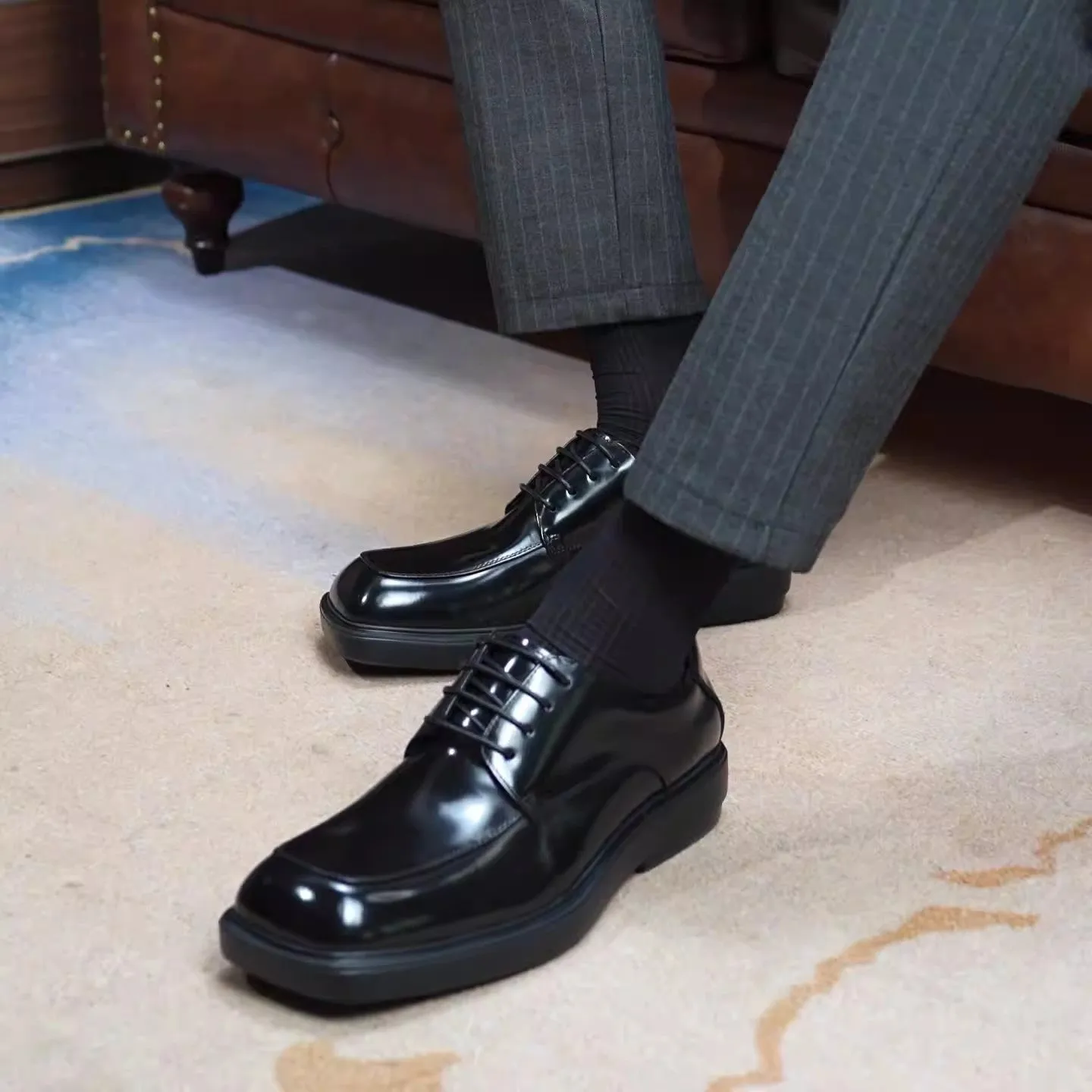 Top Layer Cowhide Men's Leather Shoes Big Toe Shiny Leather Shoes Men's Square Toe Platform British Patent Leather Shiny Shoes Business Casual Derby Shoes23701