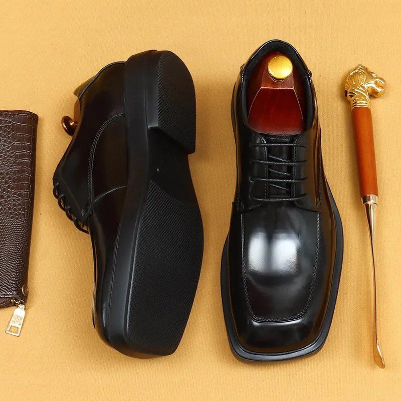 Top Layer Cowhide Men's Leather Shoes Big Toe Shiny Leather Shoes Men's Square Toe Platform British Patent Leather Shiny Shoes Business Casual Derby Shoes23701