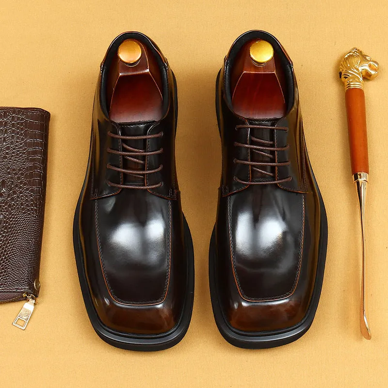 Top Layer Cowhide Men's Leather Shoes Big Toe Shiny Leather Shoes Men's Square Toe Platform British Patent Leather Shiny Shoes Business Casual Derby Shoes23701