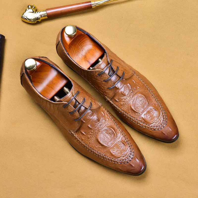 Top Layer Cowhide Men's Leather Shoes Men's Leather Shoes Genuine Leather Business Casual Crocodile Pattern Trendy Pointed Toe Dress Shoes89131