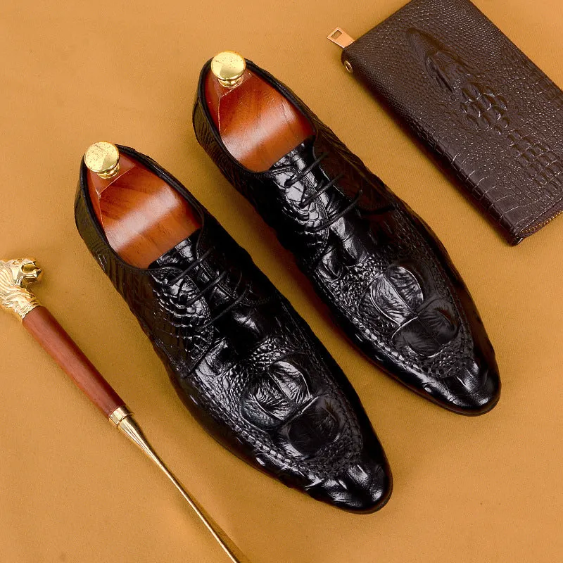 Top Layer Cowhide Men's Leather Shoes Men's Leather Shoes Genuine Leather Business Casual Crocodile Pattern Trendy Pointed Toe Dress Shoes89131