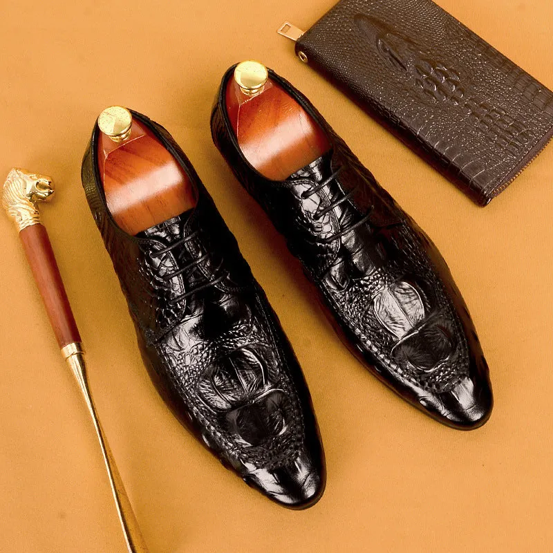 Top Layer Cowhide Men's Leather Shoes Men's Leather Shoes Genuine Leather Business Casual Crocodile Pattern Trendy Pointed Toe Dress Shoes89131