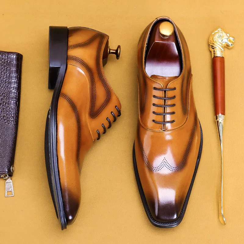 Top Layer Cowhide Men's Leather Shoes Square Toe British Oxford Shoes Men's Hand-Rub Color Brogue Leather Shoes89255