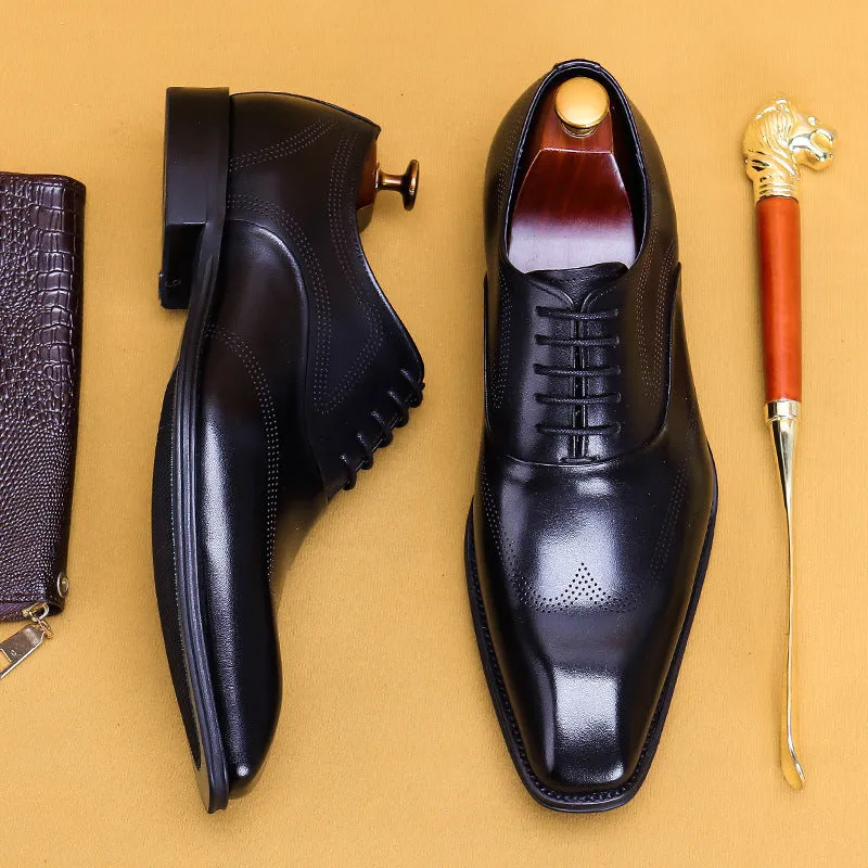 Top Layer Cowhide Men's Leather Shoes Square Toe British Oxford Shoes Men's Hand-Rub Color Brogue Leather Shoes89255