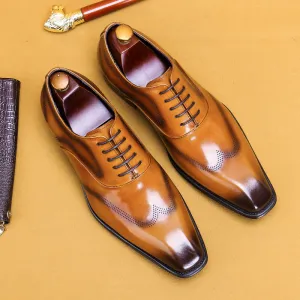 Top Layer Cowhide Men's Leather Shoes Square Toe British Oxford Shoes Men's Hand-Rub Color Brogue Leather Shoes89255