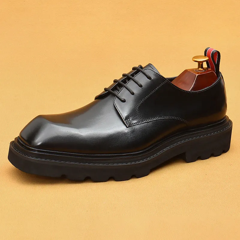 Top Layer Cowhide Men's Leather Shoes Square Toe Leather Shoes Men's High-Grade Korean Genuine Leather Wide-Leg Formal Wear Business Casual Derby Shoes68902