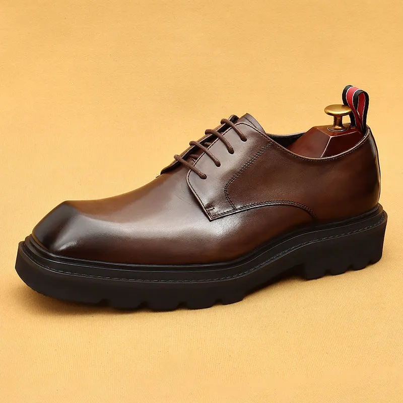 Top Layer Cowhide Men's Leather Shoes Square Toe Leather Shoes Men's High-Grade Korean Genuine Leather Wide-Leg Formal Wear Business Casual Derby Shoes68902