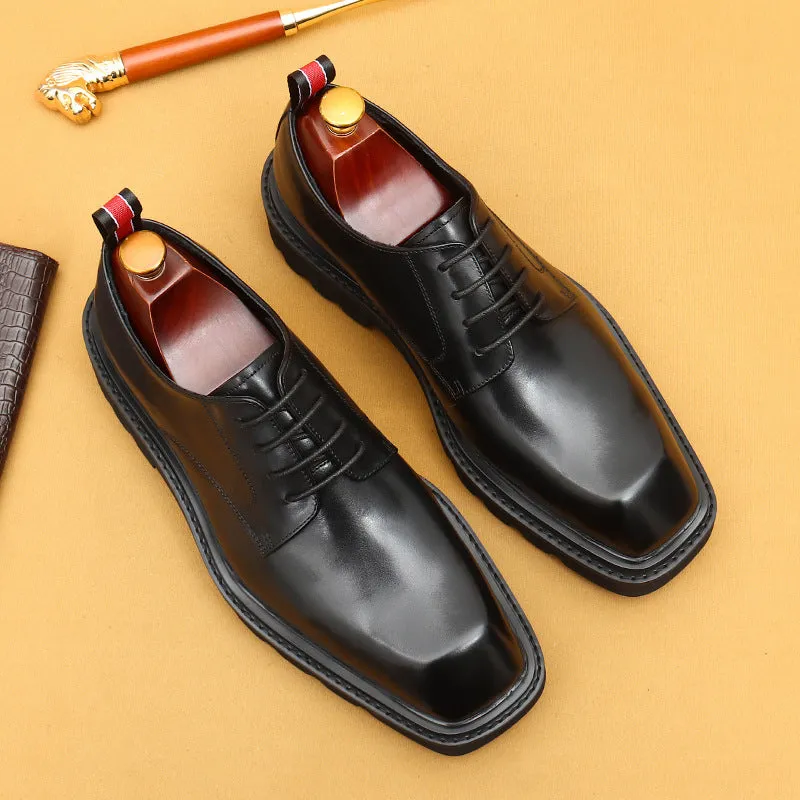 Top Layer Cowhide Men's Leather Shoes Square Toe Leather Shoes Men's High-Grade Korean Genuine Leather Wide-Leg Formal Wear Business Casual Derby Shoes68902