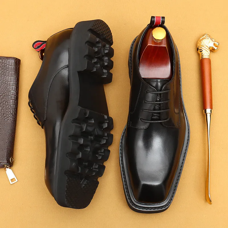 Top Layer Cowhide Men's Leather Shoes Square Toe Leather Shoes Men's High-Grade Korean Genuine Leather Wide-Leg Formal Wear Business Casual Derby Shoes68902