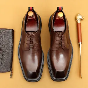 Top Layer Cowhide Men's Leather Shoes Square Toe Leather Shoes Men's High-Grade Korean Genuine Leather Wide-Leg Formal Wear Business Casual Derby Shoes68902