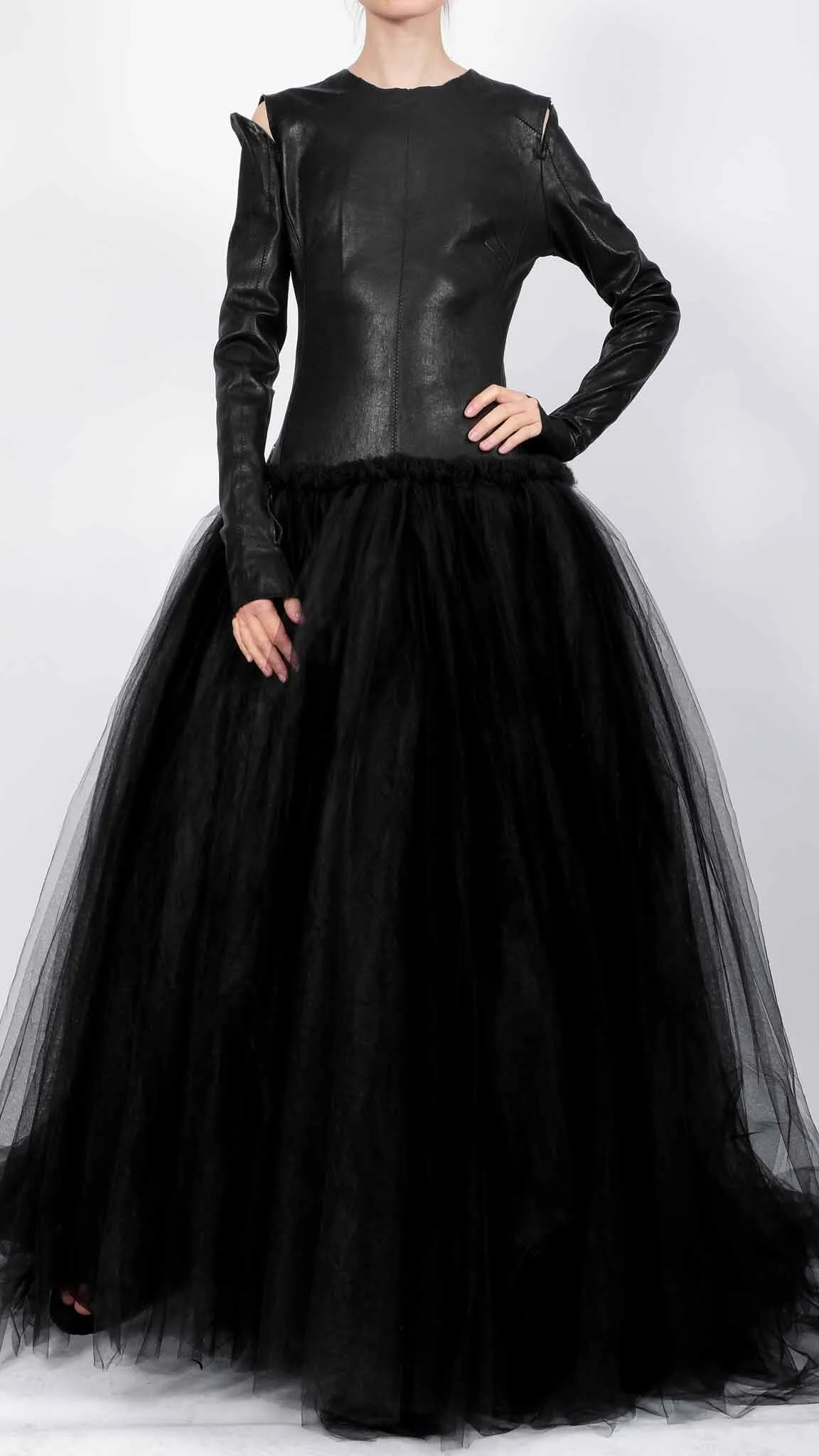 Tulle Maxi Dress with Leather Top