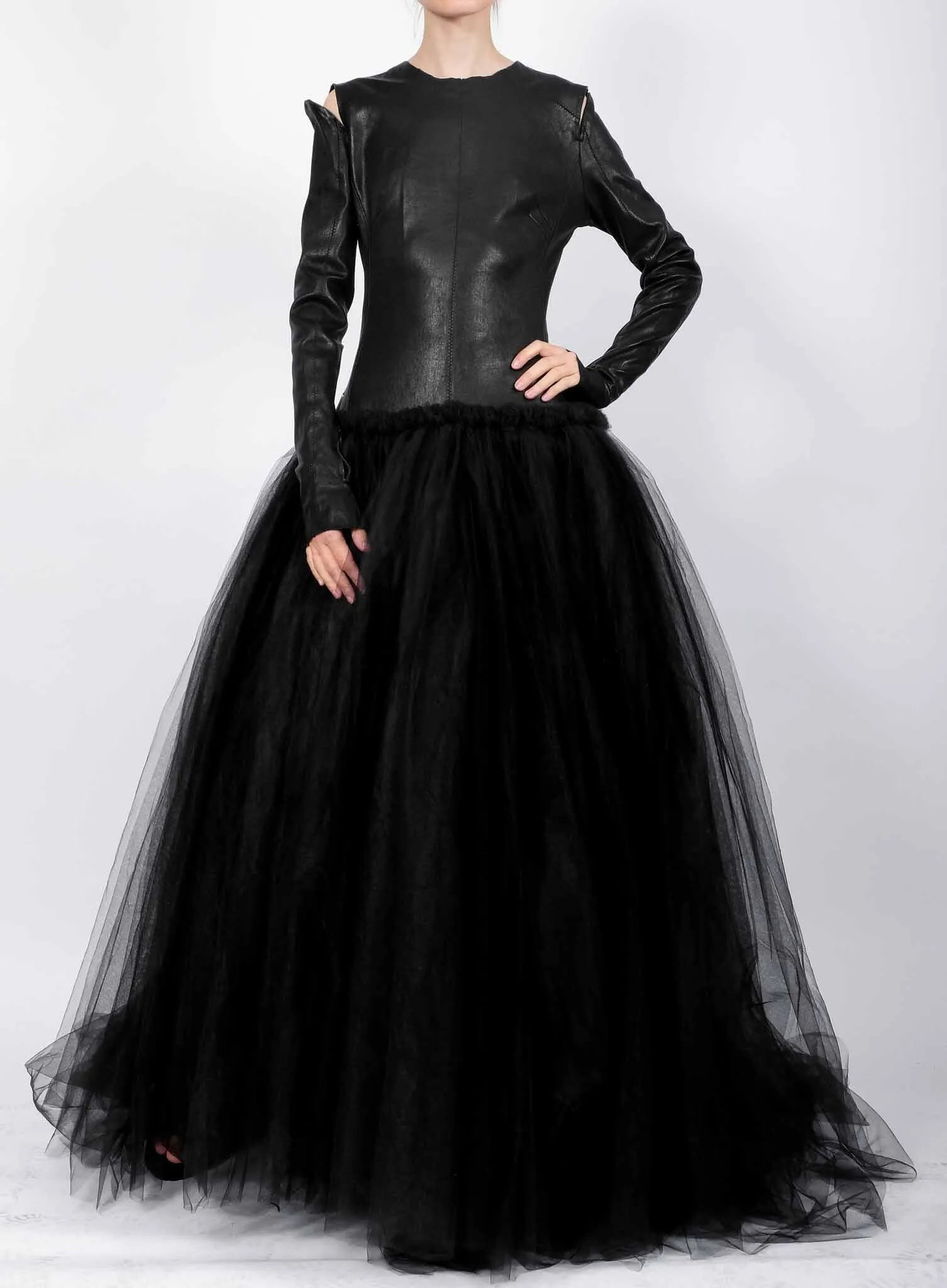Tulle Maxi Dress with Leather Top