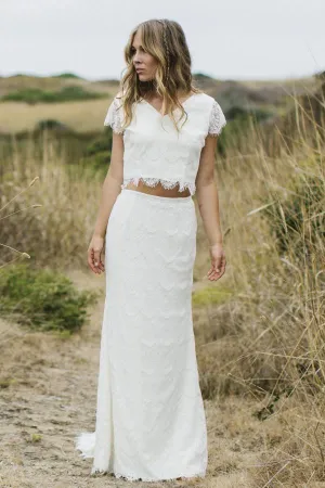 Two Piece V-Neck Cap Sleeves White Lace Wedding Dress TN154