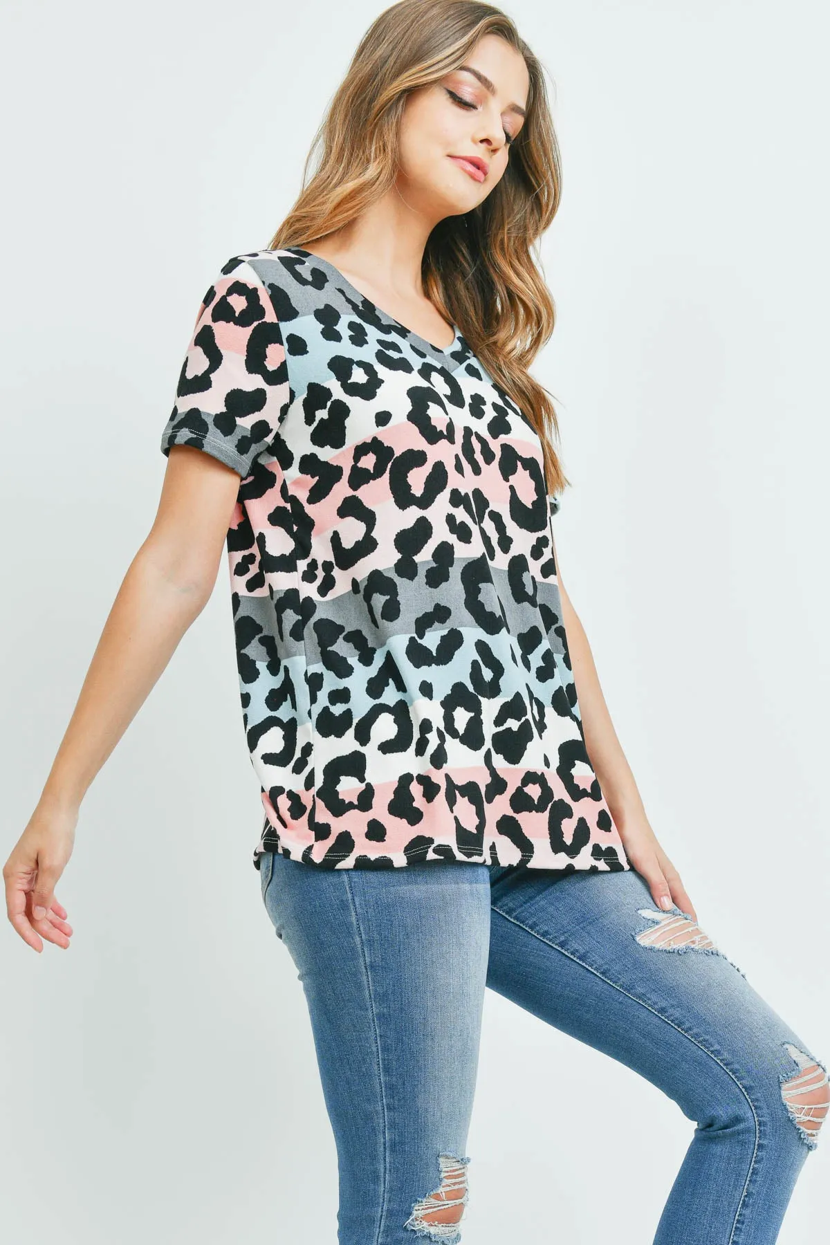 V-Neck Multicolor Stripes Leopard Print Top