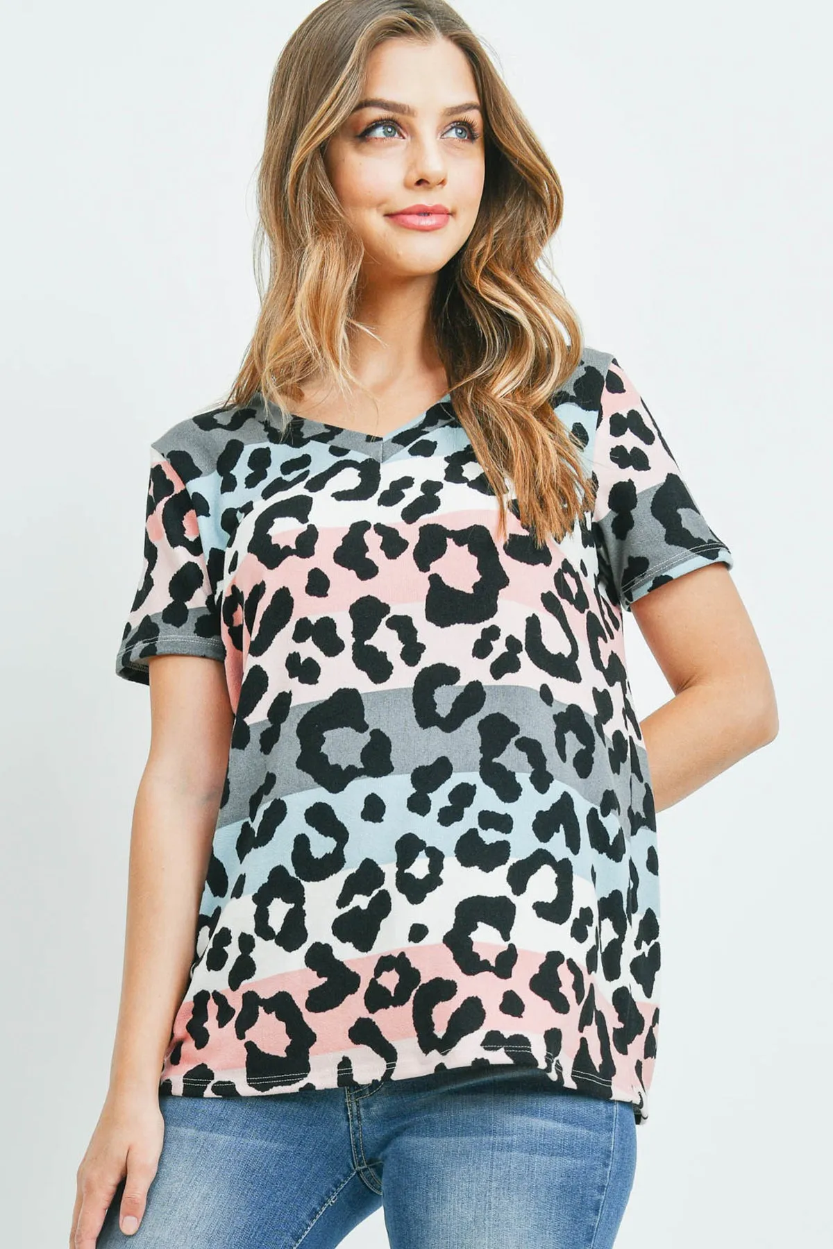 V-Neck Multicolor Stripes Leopard Print Top