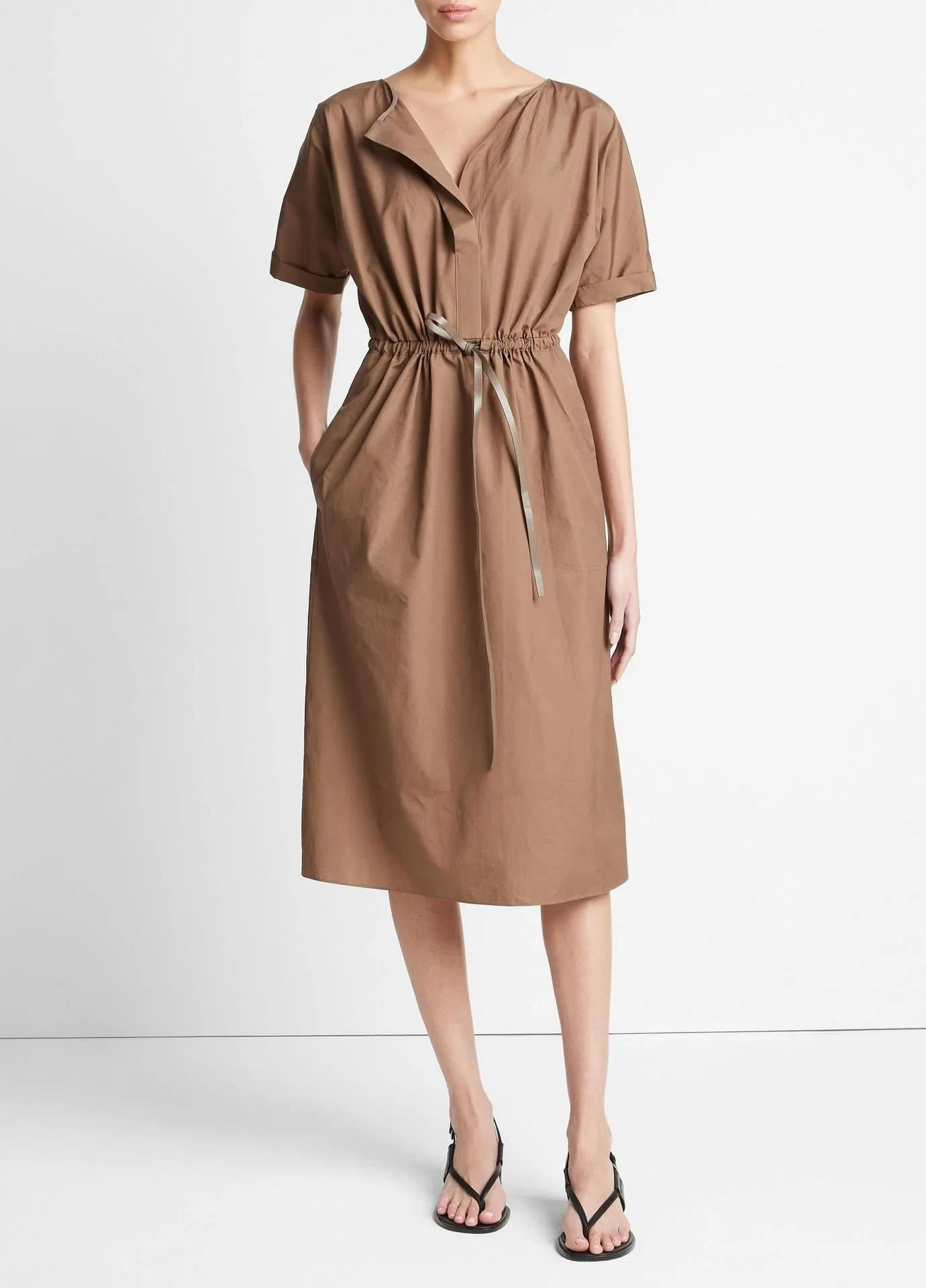 Vince Cotton Belted Dolman-Sleeve Dress in Earthen