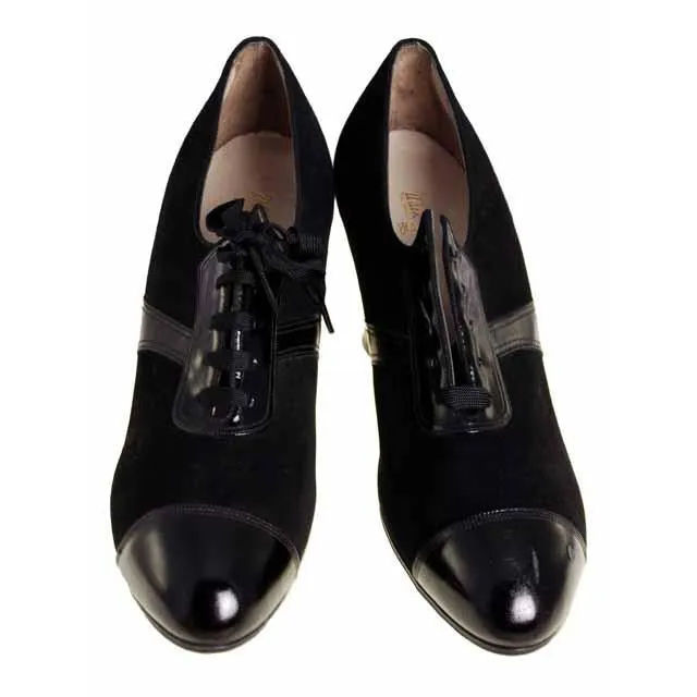 Vintage Ladies Black Suede/Patent Cap Toe Oxford Shoes 1920S Walk Over NIB Size 6A
