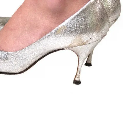 Vintage Shoes Silver Leather Stiletto Heels Tiny Ackerman 1950S 7.5