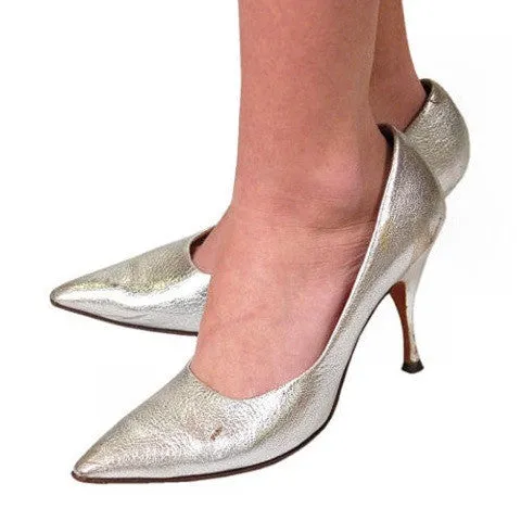 Vintage Shoes Silver Leather Stiletto Heels Tiny Ackerman 1950S 7.5