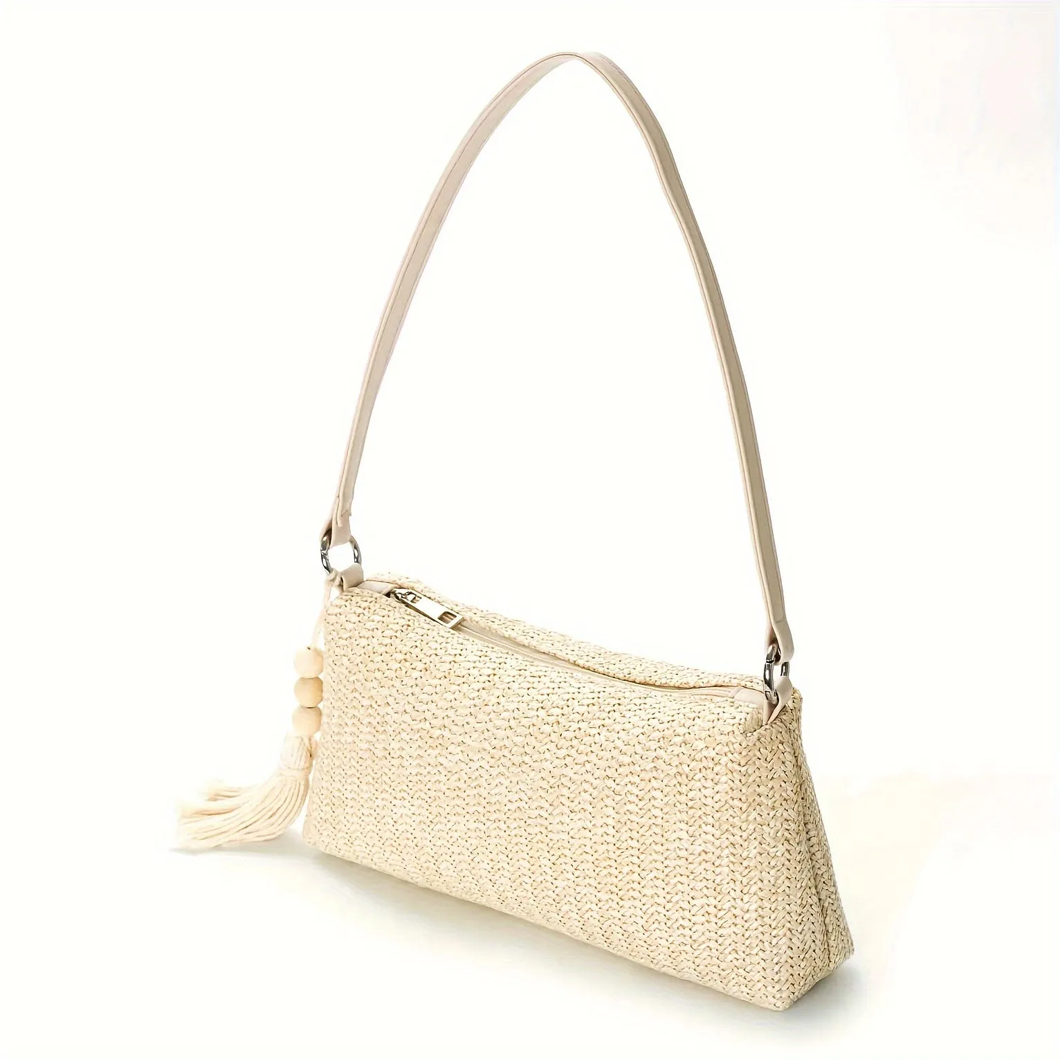 Water-Resistant Straw Shoulder Bag - Fixed Straps, Casual, Solid Color, Polyester Lining, Zipper Closure - Perfect for Summer Commuter, Daily Use, and Outdoor Activities