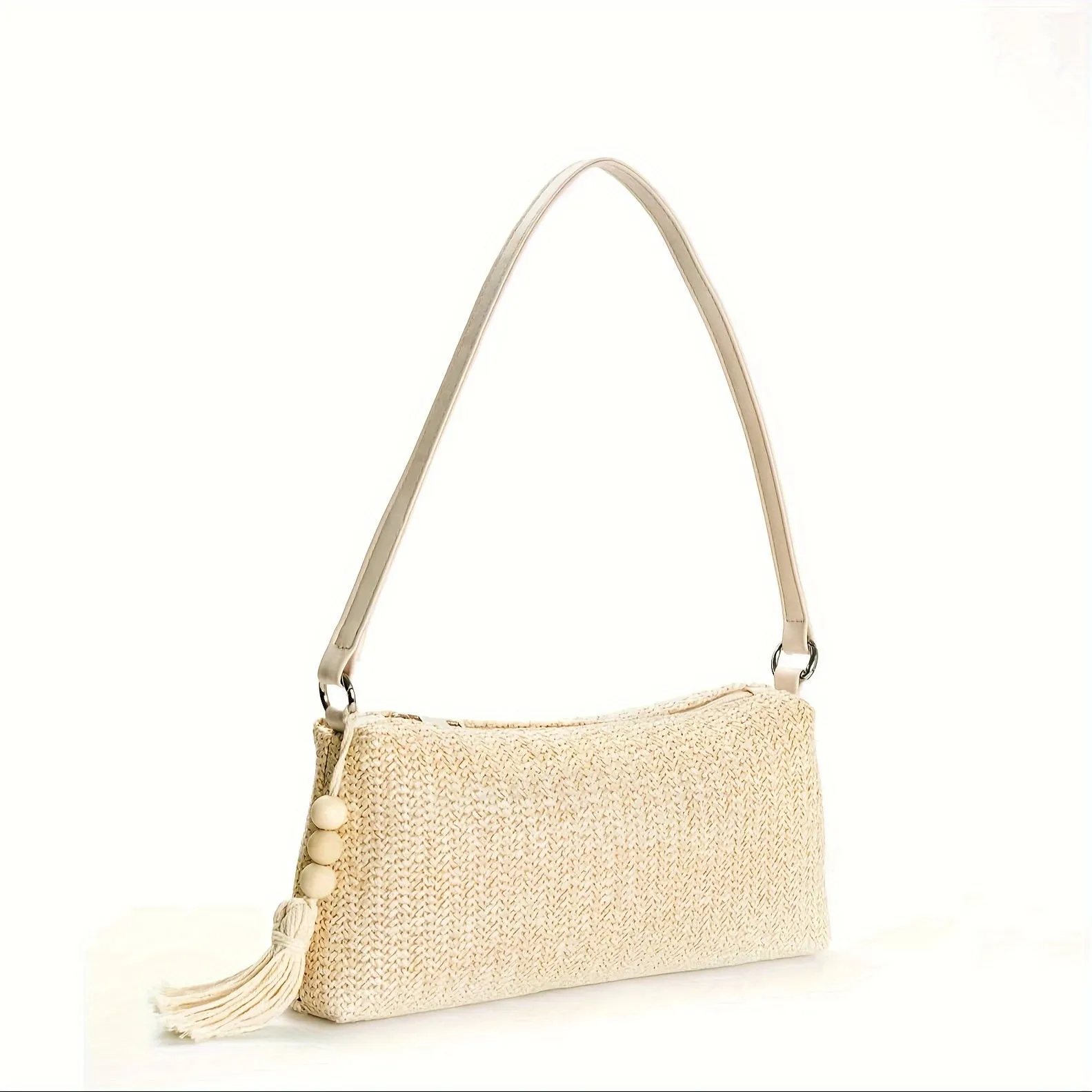 Water-Resistant Straw Shoulder Bag - Fixed Straps, Casual, Solid Color, Polyester Lining, Zipper Closure - Perfect for Summer Commuter, Daily Use, and Outdoor Activities