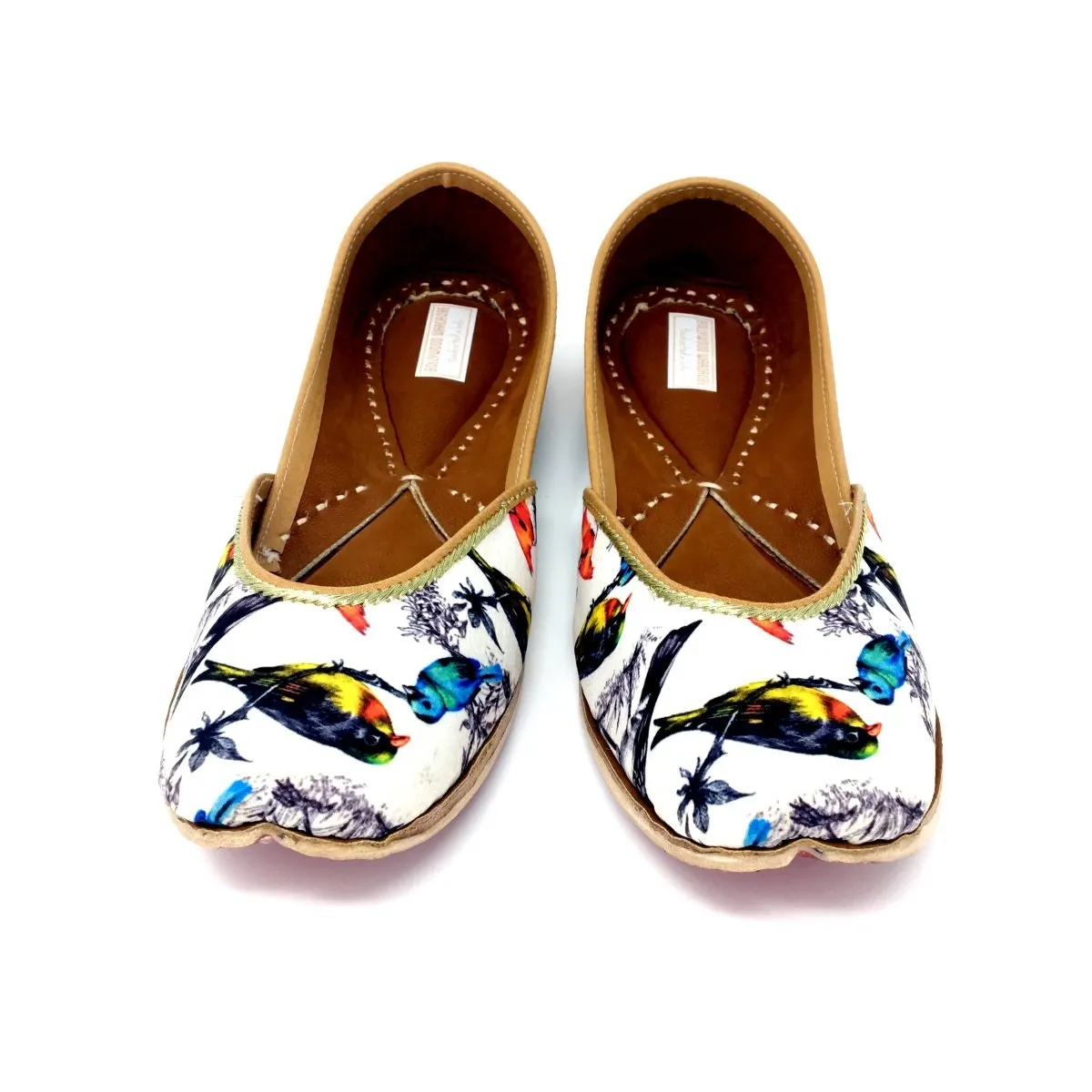 White Color Punjabi Jutti / Shoes With Colorful Birds Print
