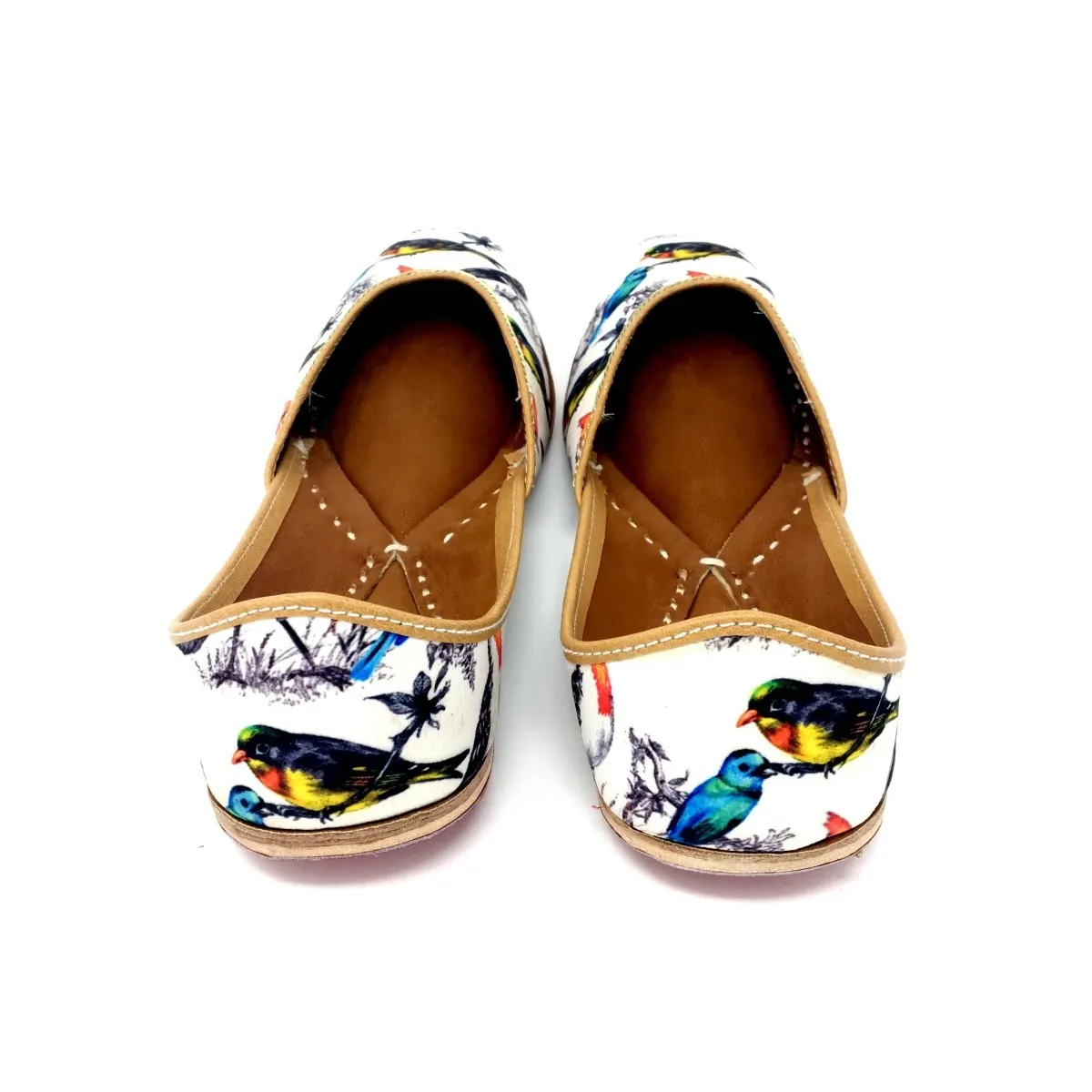 White Color Punjabi Jutti / Shoes With Colorful Birds Print