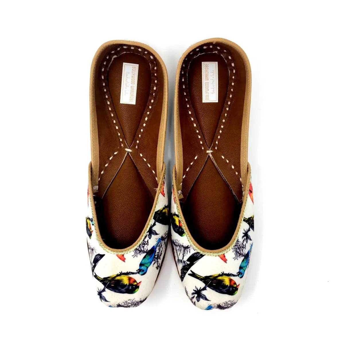 White Color Punjabi Jutti / Shoes With Colorful Birds Print