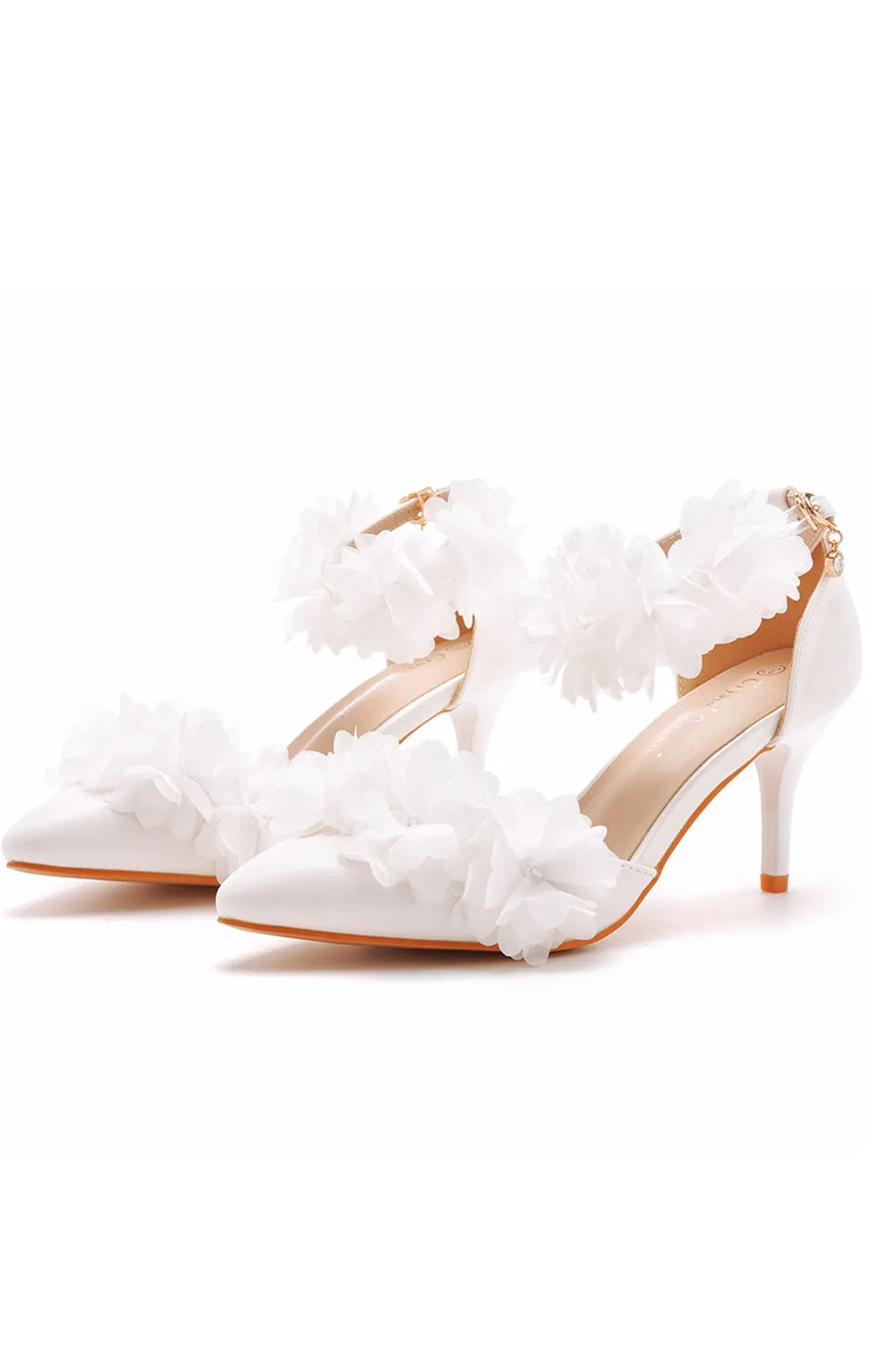 White Flowers Pointed Toe Ankle Strap High Heels