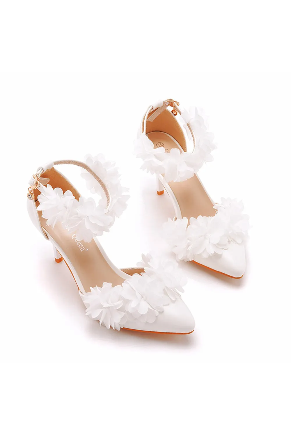 White Flowers Pointed Toe Ankle Strap High Heels