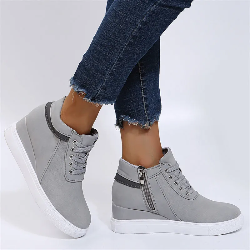 Women's Fashion Invisible Height Increasing Lace Up Side Zipper Shoes