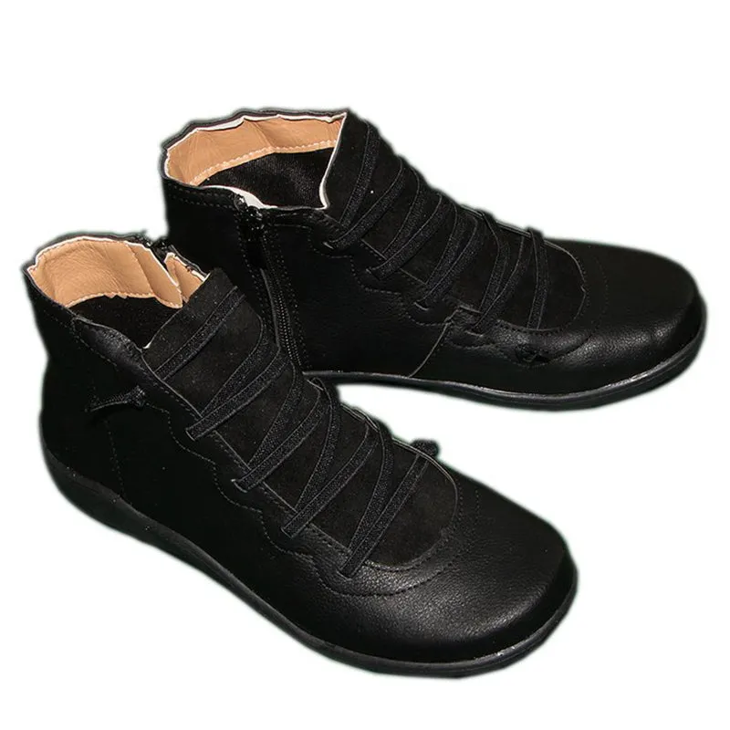 Women's Side Zipper Round Toe Flat Heel Ankle Boots