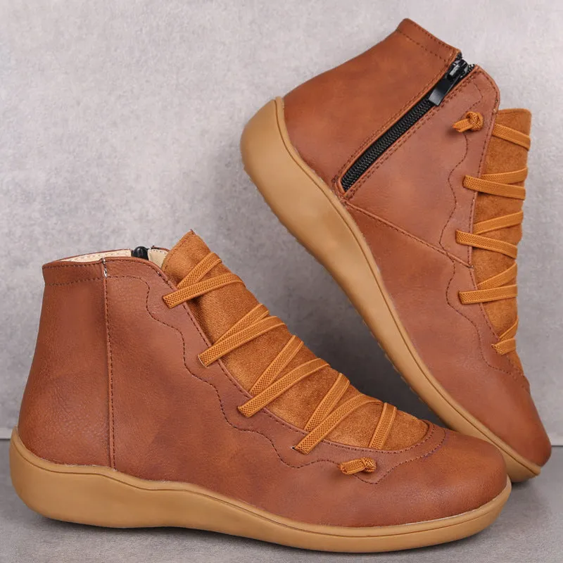 Women's Side Zipper Round Toe Flat Heel Ankle Boots