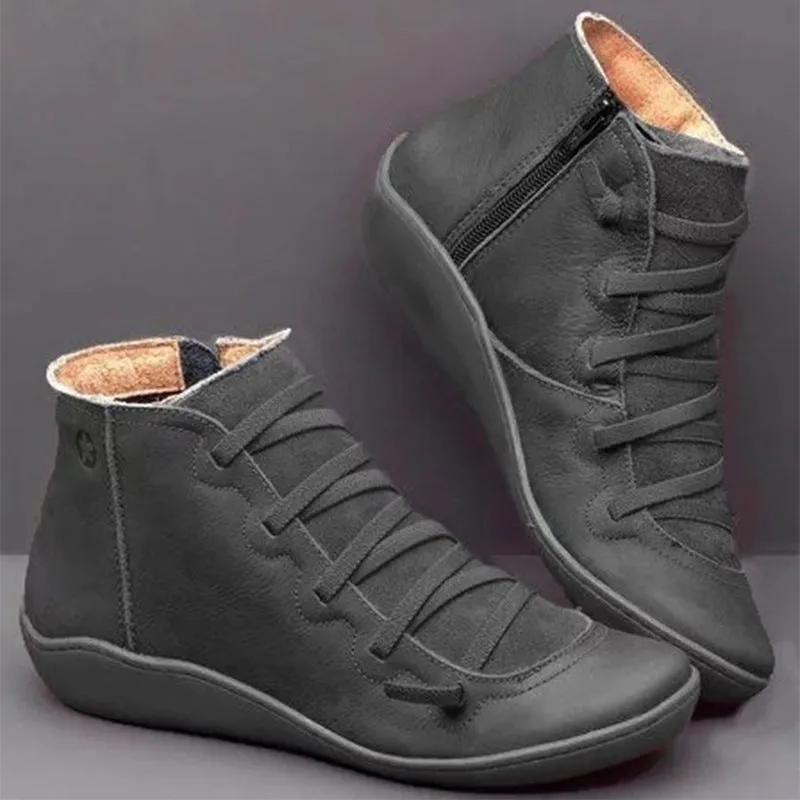 Women's Side Zipper Round Toe Flat Heel Ankle Boots