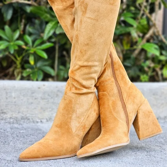 Women's Tan Over The Knee pointed Chunky Block Heel Boots