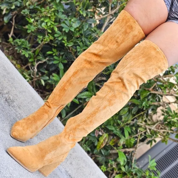 Women's Tan Over The Knee pointed Chunky Block Heel Boots