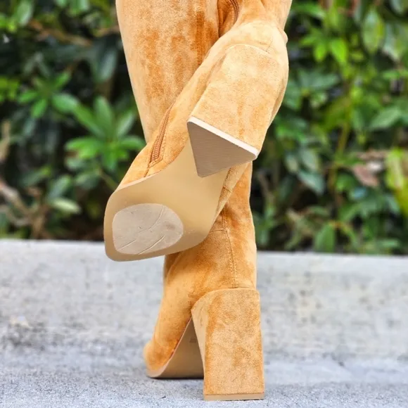 Women's Tan Over The Knee pointed Chunky Block Heel Boots