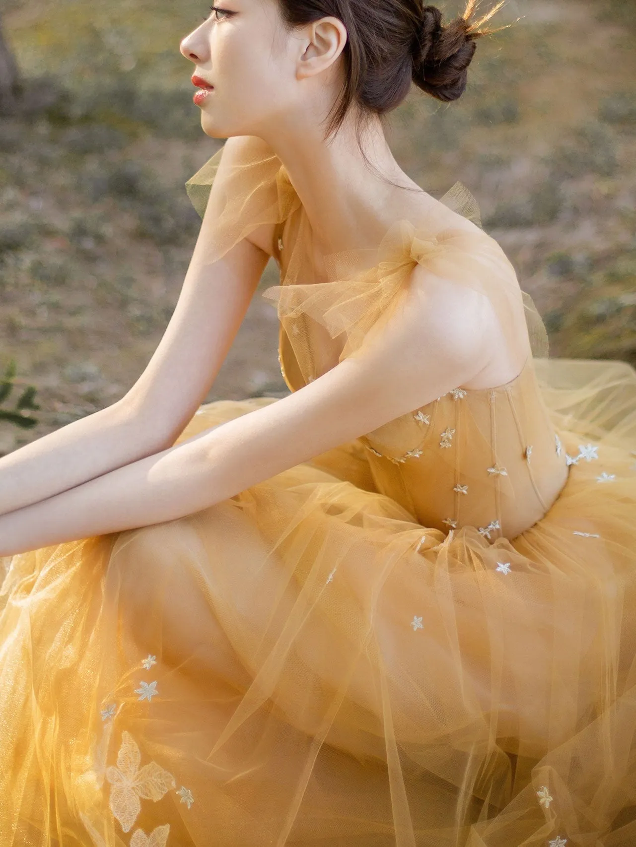 Yellow A line lace tulle long prom dress yellow formal dress