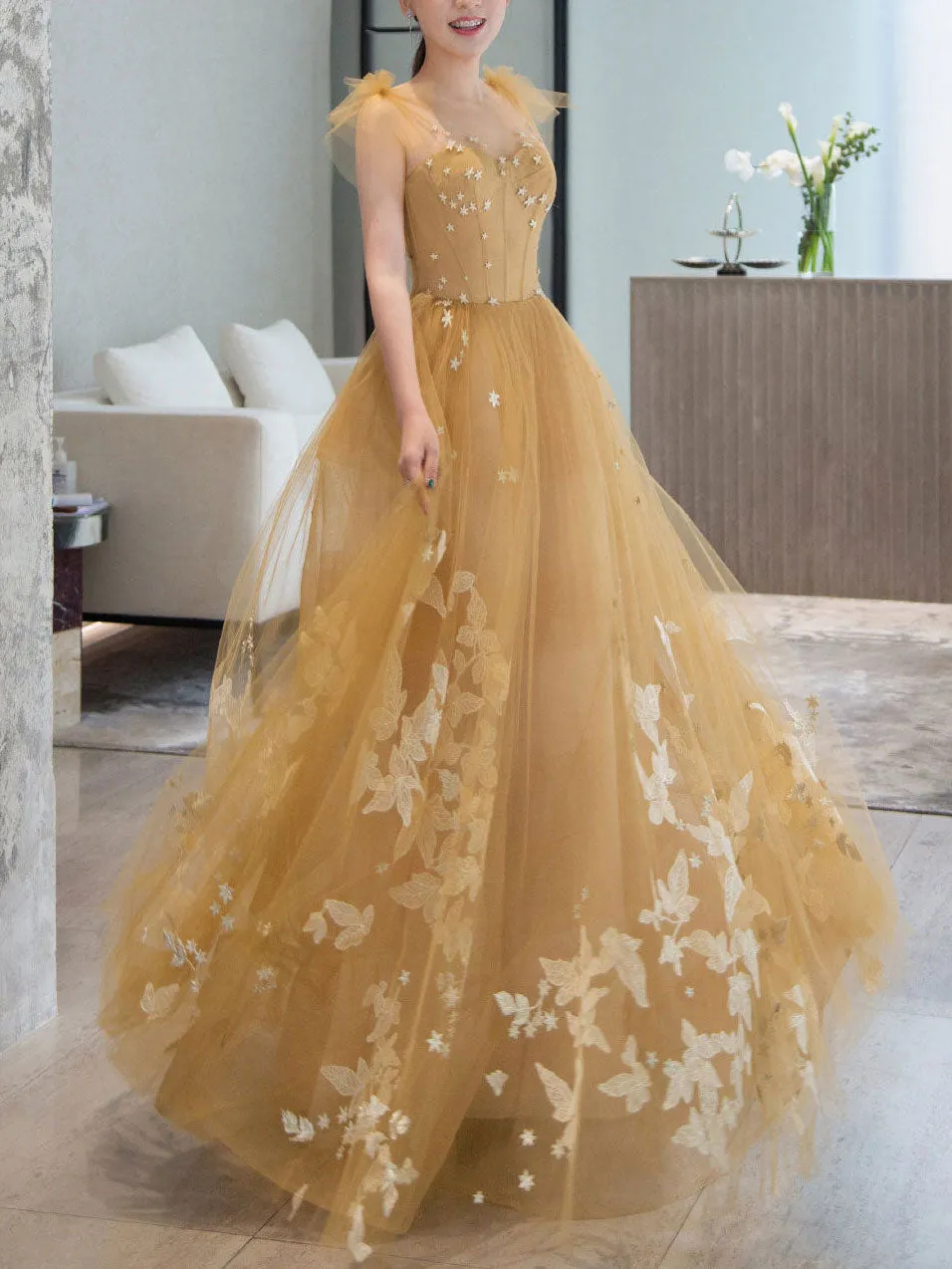 Yellow A line lace tulle long prom dress yellow formal dress