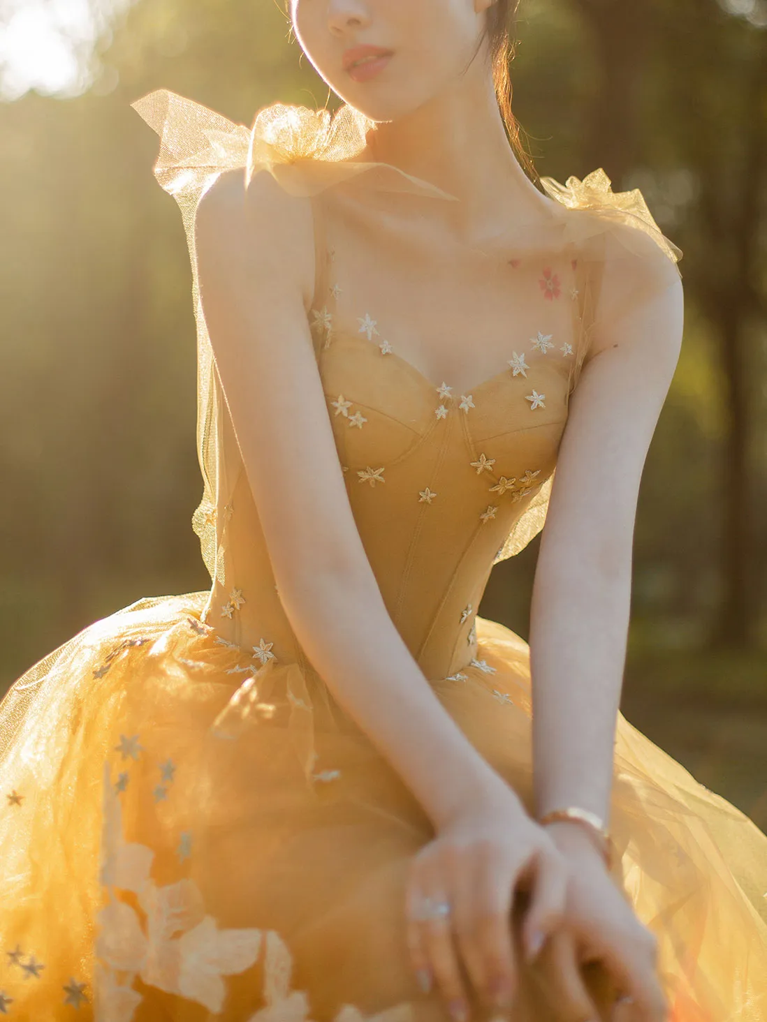 Yellow A line lace tulle long prom dress yellow formal dress