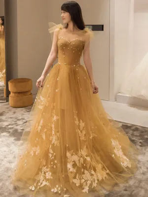 Yellow A line lace tulle long prom dress yellow formal dress