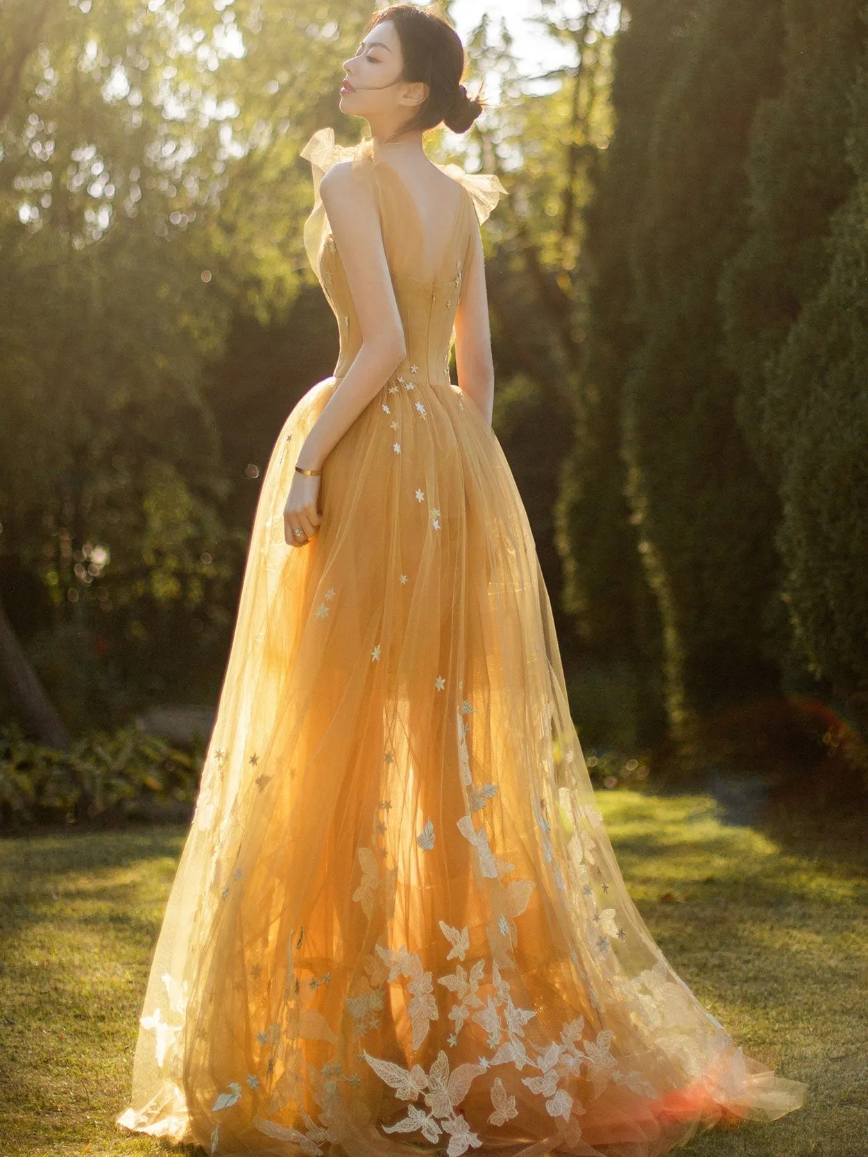 Yellow A line lace tulle long prom dress yellow formal dress